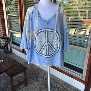 POL Blue and Cream Peace Sign Hoodie